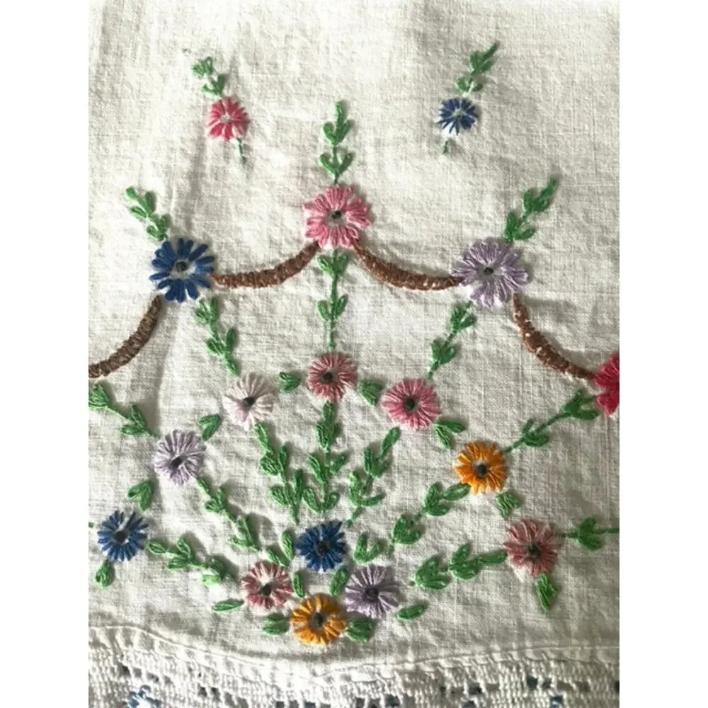 Vintage Embroidered Pillowcases Pair Floral Crochet Lace Cottagecore